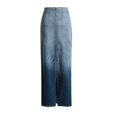 Raw Hem Ombr¨¦ Washed Denim Maxi Skirt