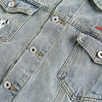 Unisex Loose Lazy Style Retro Cute Animal Embroidered Lapel Washed Denim Jacket