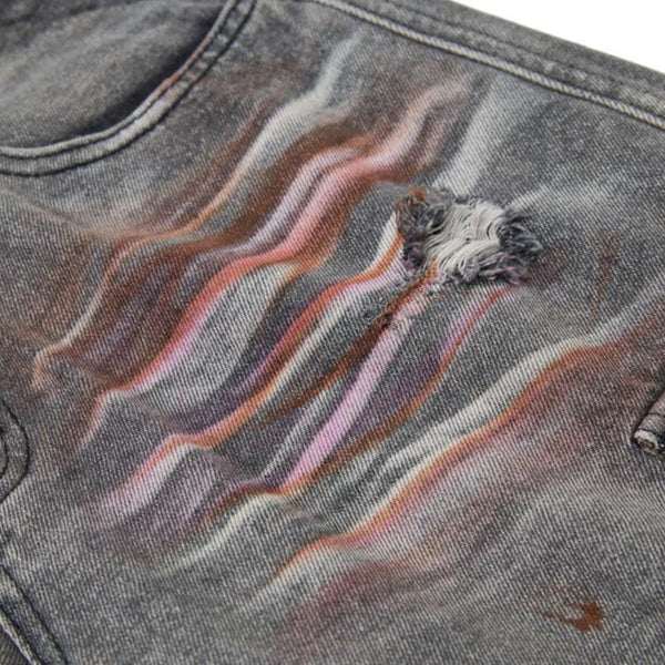 Men's Distressed Washed Denim Cargo Pants Wide Leg Paint Tie-Dye Unique