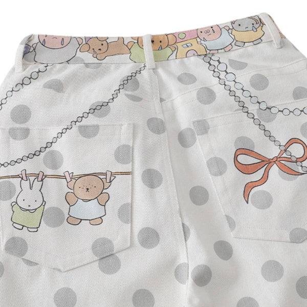 Washed Rabbit Print Polka Dot Bow Detail Relaxed Wide-Leg Bermuda Shorts