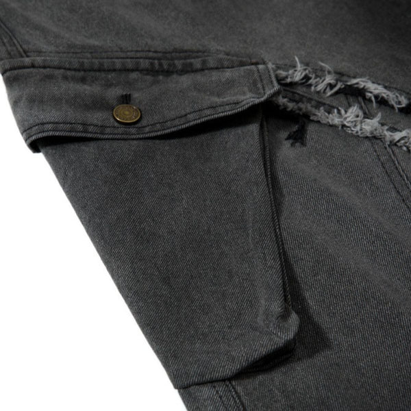 Men's Washed Distressed Denim Pants Wide Leg Patchwork Raw Edge Unique