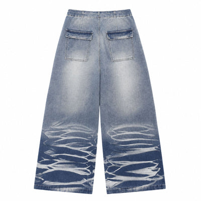 Washed Drawstring Wide Leg Denim Pants