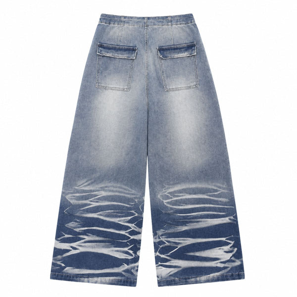 Washed Drawstring Wide Leg Denim Pants