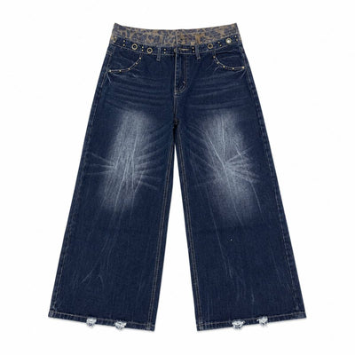 Vintage Washed Double-Waist Wide-Leg Denim Jeans