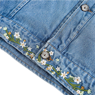 Men&Women's Retro Washed Gradient Floral Embroidered Denim Jacket
