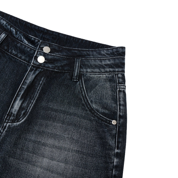 Double-Button Whiskered Wide-Leg Denim Shorts