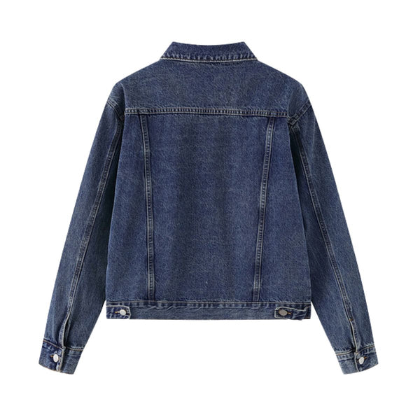 Unisex Commuter Workwear Style Single-breasted Lapel Straight Denim Jacket