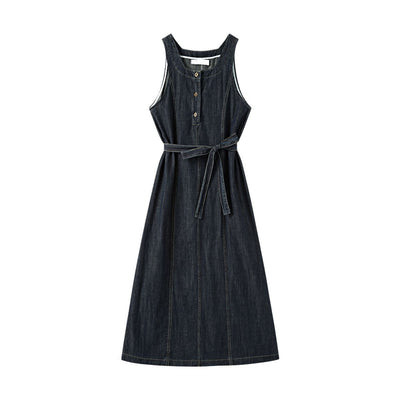 Sleeveless Self-Tied Denim Midi Dress