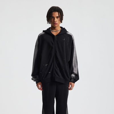 Distressed Paint Splatter Zippered Hoodie