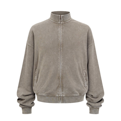 Vintage Zip-Up Ribbed Stand Collar Sweatshirt