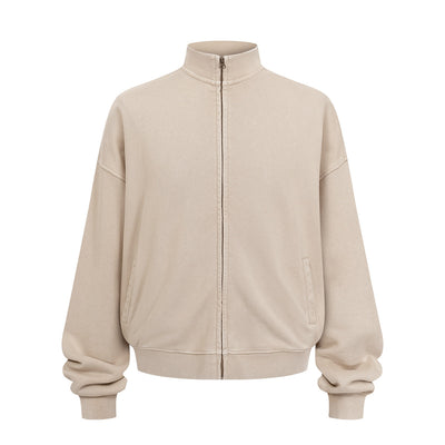 Vintage Zip-Up Ribbed Stand Collar Sweatshirt