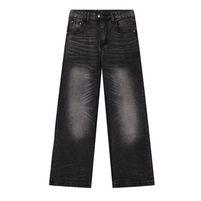 Vintage Wash Whisker Faded Straight Leg Jeans