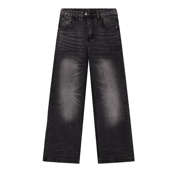 Vintage Wash Whisker Faded Straight Leg Jeans