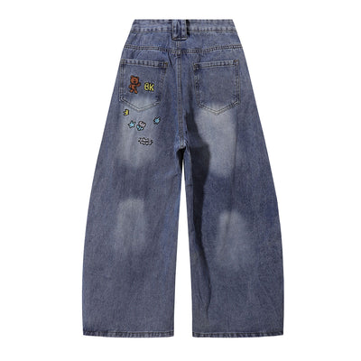 Embroidered Blue Wide Leg Distressed Denim Jeans