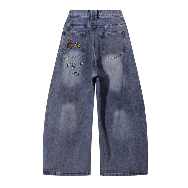 Embroidered Blue Wide Leg Distressed Denim Jeans