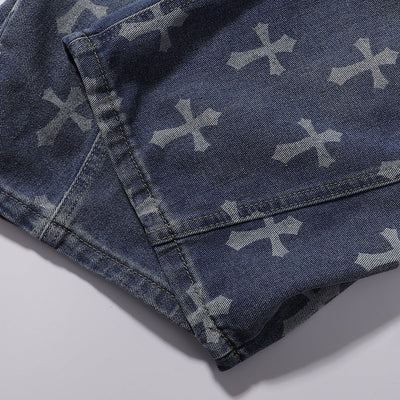 Cross Print Wide Leg Denim Jeans