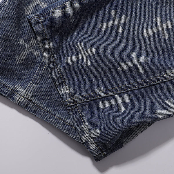 Cross Print Wide Leg Denim Jeans