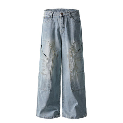 Vintage Washed Utility Cargo Wide-Leg Jeans