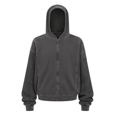 Vintage Washed Oversized Zip Up Distressed Hoodie