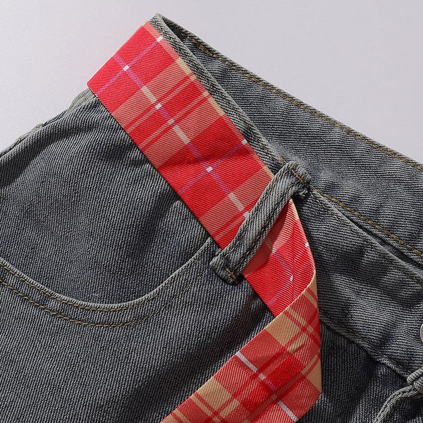 Plaid Trim Star Patched Wide Leg Denim Jeans