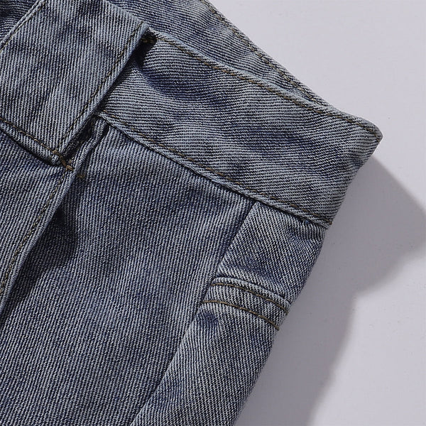 Embroidered Blue Wide Leg Distressed Denim Jeans