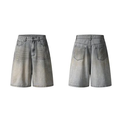 Splash Print Distressed Wash Denim Bermuda Shorts