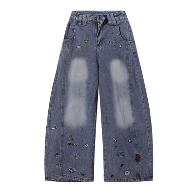 Embroidered Blue Wide Leg Distressed Denim Jeans
