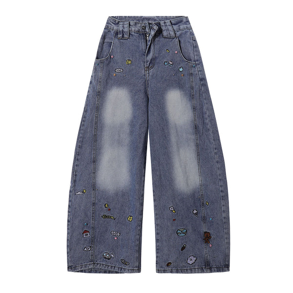 Embroidered Blue Wide Leg Distressed Denim Jeans