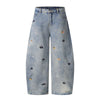 Washed Faded Dog-Embroidered Barrel-Leg Jeans