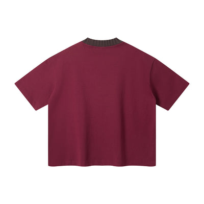Oversized Color-Block Ribbed Collar Comfortable Tee