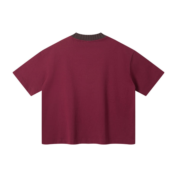 Oversized Color-Block Ribbed Collar Comfortable Tee
