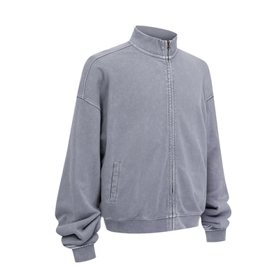 Vintage Zip-Up Ribbed Stand Collar Sweatshirt