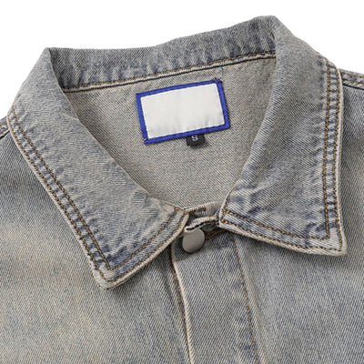 Unisex Retro Street style Distressed Washed Blue&yellow Mud-dyed Denim Jacket