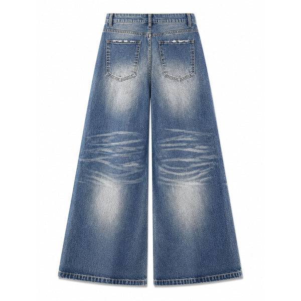 Washed Gradient Distressed Curved Leg Wide Denim Jeans