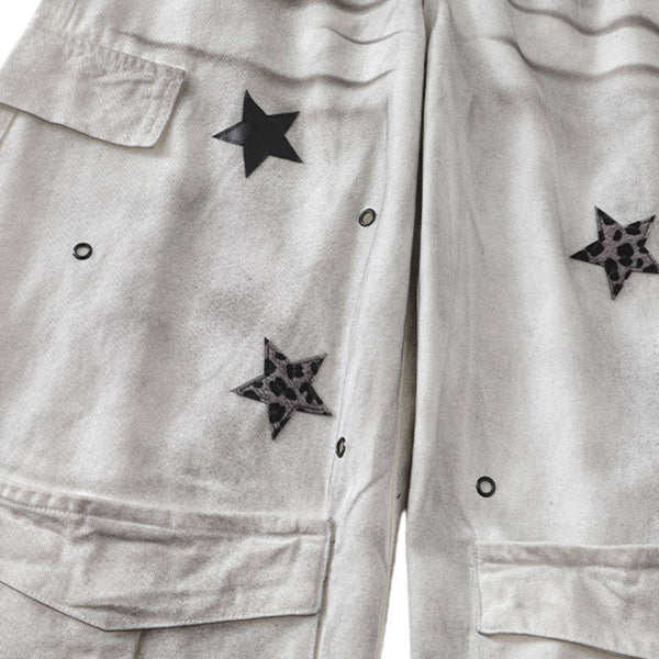 Vintage Wash Star Pattern Baggy Straight Leg Cargo Jeans