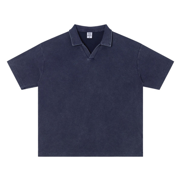 Retro Distressed Waffle Vintage Wash Polo T-Shirt