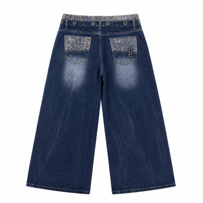 Vintage Washed Double-Waist Wide-Leg Denim Jeans