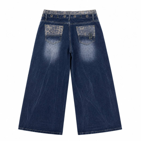 Vintage Washed Double-Waist Wide-Leg Denim Jeans