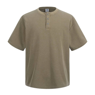 Casual Waffle Fabric Button Neck T-Shirt