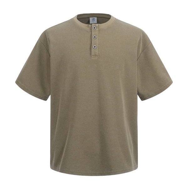 Casual Waffle Fabric Button Neck T-Shirt
