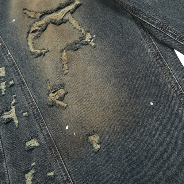 Men's Curved Denim Pants Wide Leg Distressed Paint Splatter Holes