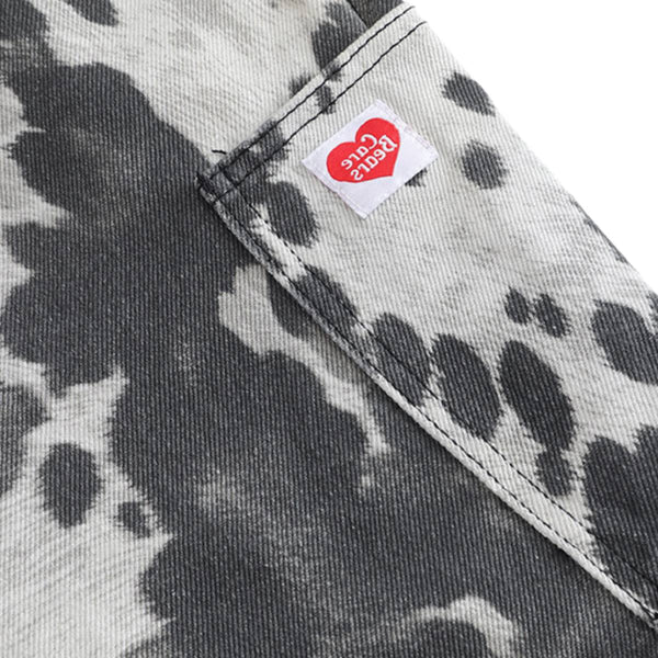 Washed Ink Dye Cow Print Cargo Pocket Relaxed Wide-Leg Bermuda Denim Shorts