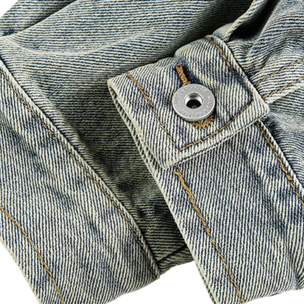 Unisex Loose Lazy Style Retro Cute Animal Embroidered Lapel Washed Denim Jacket