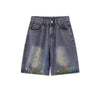Floral Embroidery Washed Denim Shorts