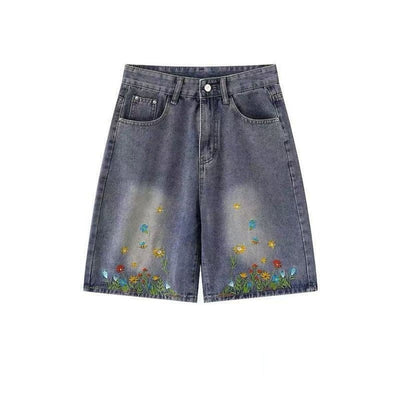 Floral Embroidery Washed Denim Shorts