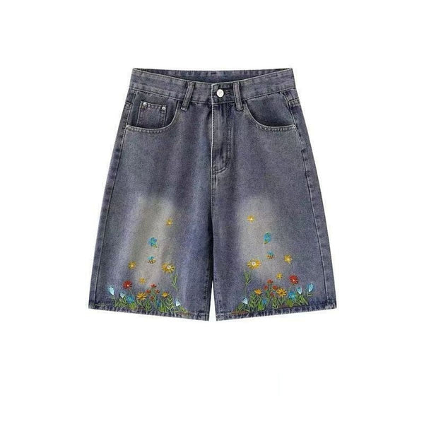 Floral Embroidery Washed Denim Shorts