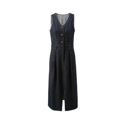 V-Neck Sleeveless Denim Midi Dress