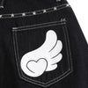 Retro Contrast Heart & Wings Patchwork High Rise Loose Draped Denim Jeans