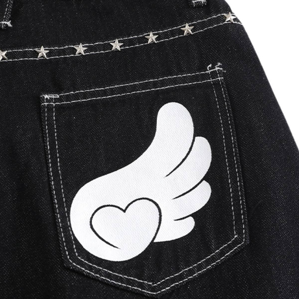 Retro Contrast Heart & Wings Patchwork High Rise Loose Draped Denim Jeans