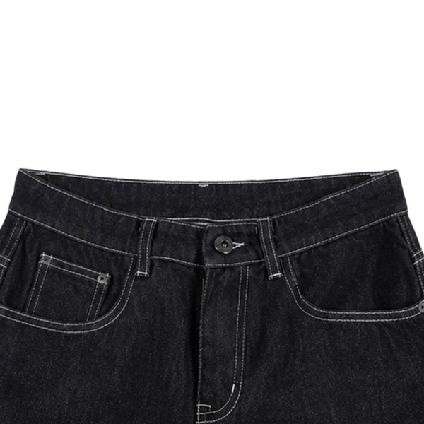 Contrast Stitch Black Wide-Leg Jeans